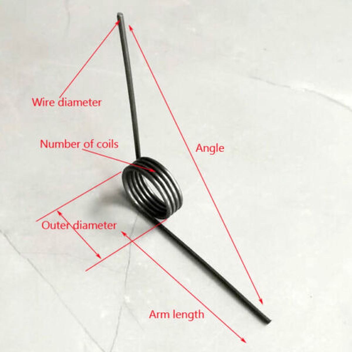 Wire dia. 1.8 mm Outer dia. 14 mm Coils 4 Arm Length 45 mm Torsion Spring
