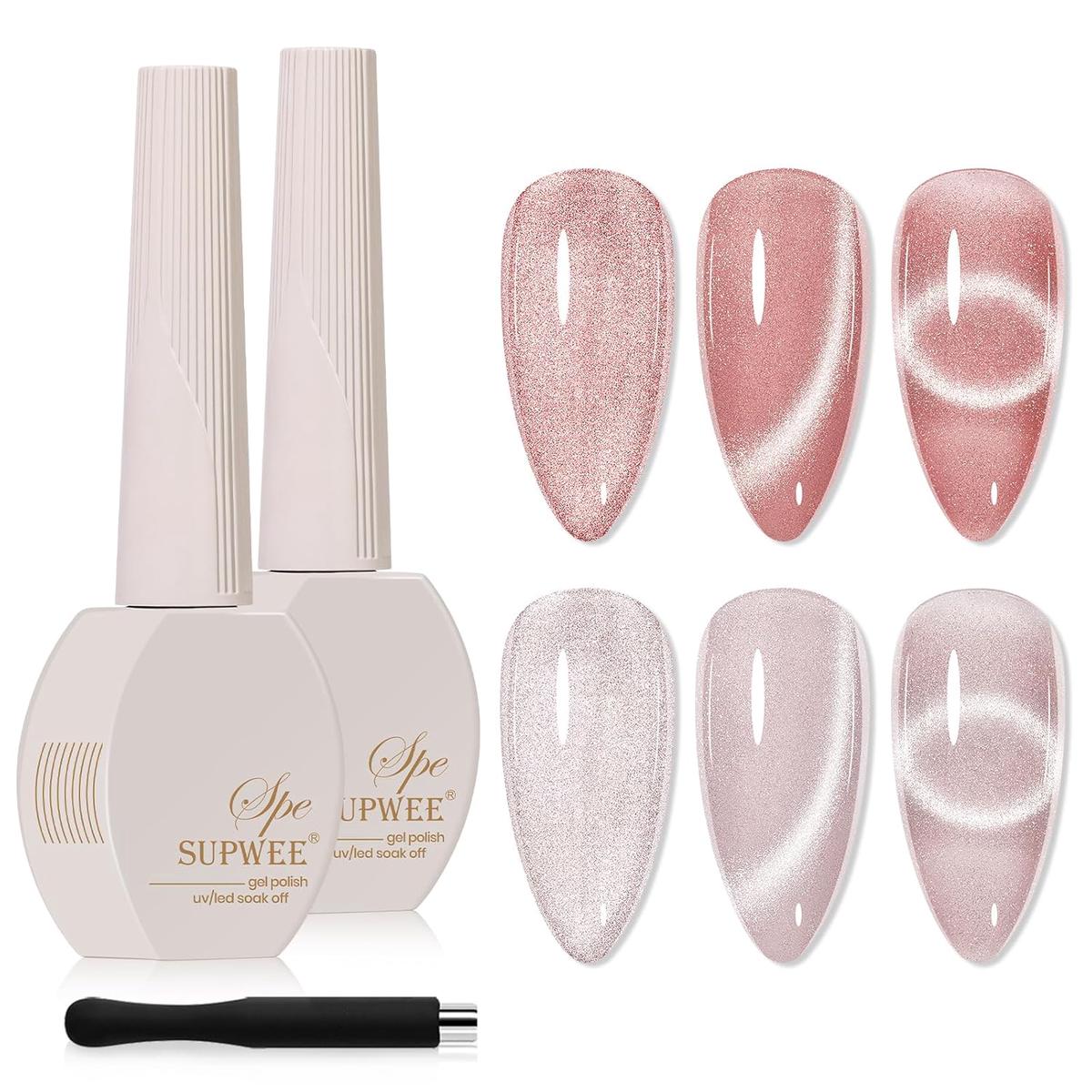 2PCS 15ML CatEye Gel Nail Polish, Nude Pink Cat eye Gel Polish Crystal Glitter Shimmer Effect with Magnetic Stick Soak Off Salon DIY at Home